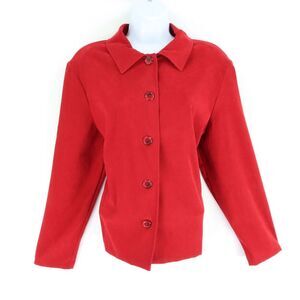 Leslie Fay Button Up Lined Shirt Jacket Women Size L Red Poly Shoulder Pads SOFT